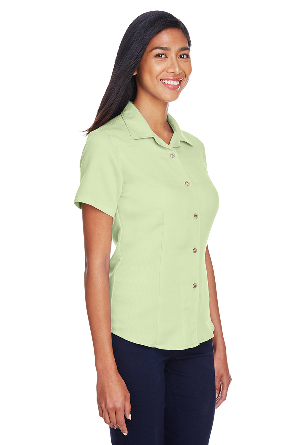 Harriton M570W Womens Bahama Wrinkle Resistant Short Sleeve Button Down Camp Shirt Mist Green Model 3q