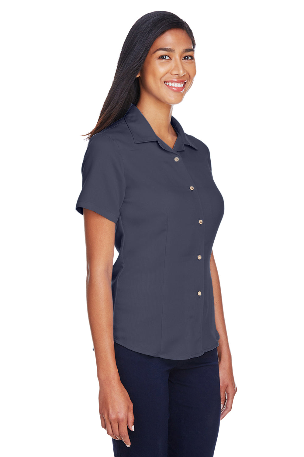 Harriton M570W Womens Bahama Wrinkle Resistant Short Sleeve Button Down Camp Shirt Navy Blue Model 3q