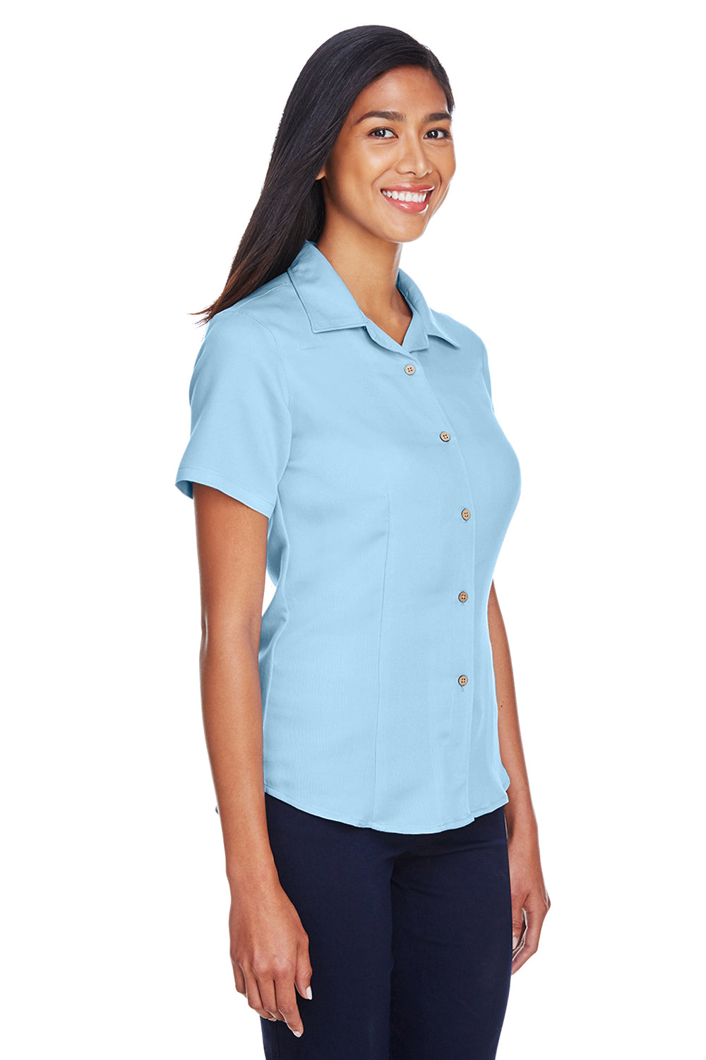 Harriton M570W Womens Bahama Wrinkle Resistant Short Sleeve Button Down Camp Shirt Cloud Blue Model 3q