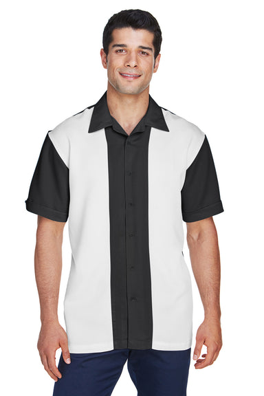 Harriton M575 Mens Bahama Wrinkle Resistant Short Sleeve Button Down Camp Shirt Black/Cream Model Front