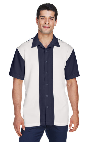 Harriton M575 Mens Bahama Wrinkle Resistant Short Sleeve Button Down Camp Shirt Navy Blue/Cream Model Front