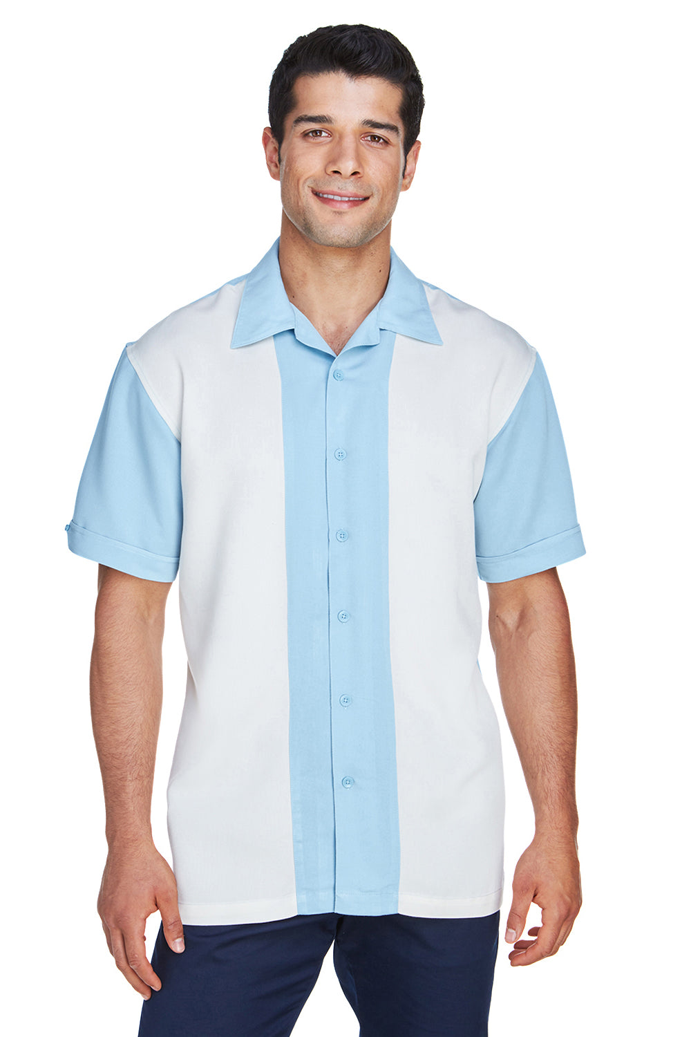 Harriton M575 Mens Bahama Wrinkle Resistant Short Sleeve Button Down Camp Shirt Cloud Blue/Cream Model Front