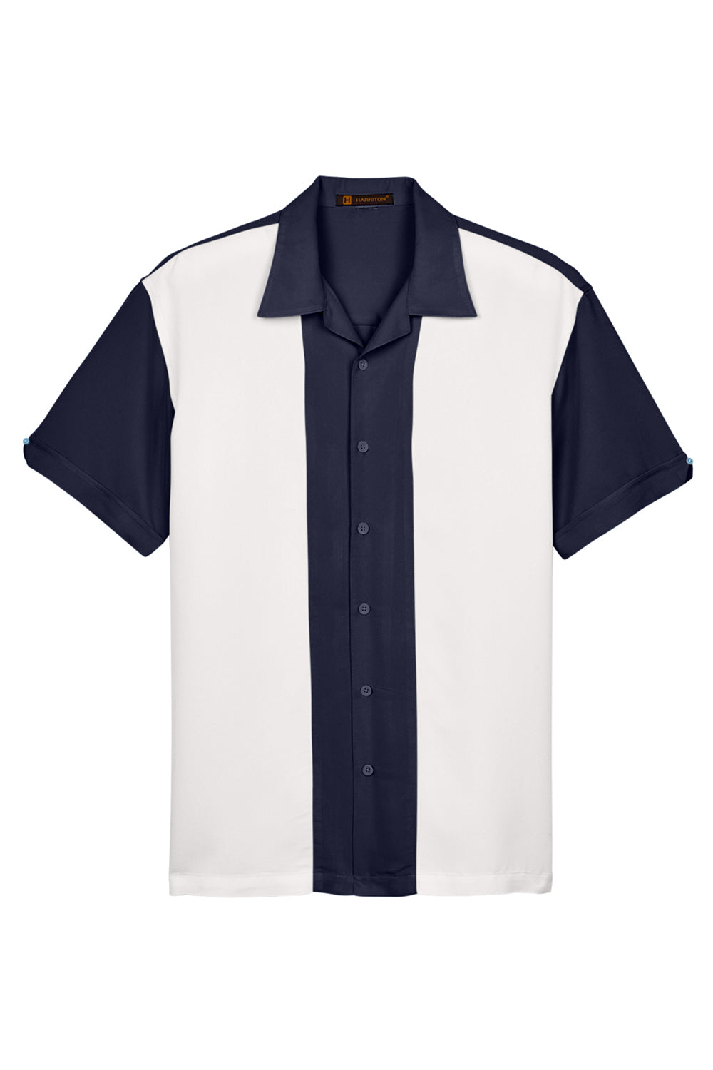 Harriton M575 Mens Bahama Wrinkle Resistant Short Sleeve Button Down Camp Shirt Navy Blue/Cream Flat Front