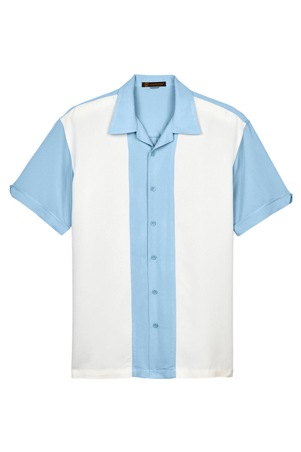 Harriton M575 Mens Bahama Wrinkle Resistant Short Sleeve Button Down Camp Shirt Cloud Blue/Cream Flat Front