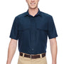 Harriton Mens Key West Performance Moisture Wicking Short Sleeve Button Down Shirt w/ Double Pockets - Navy Blue