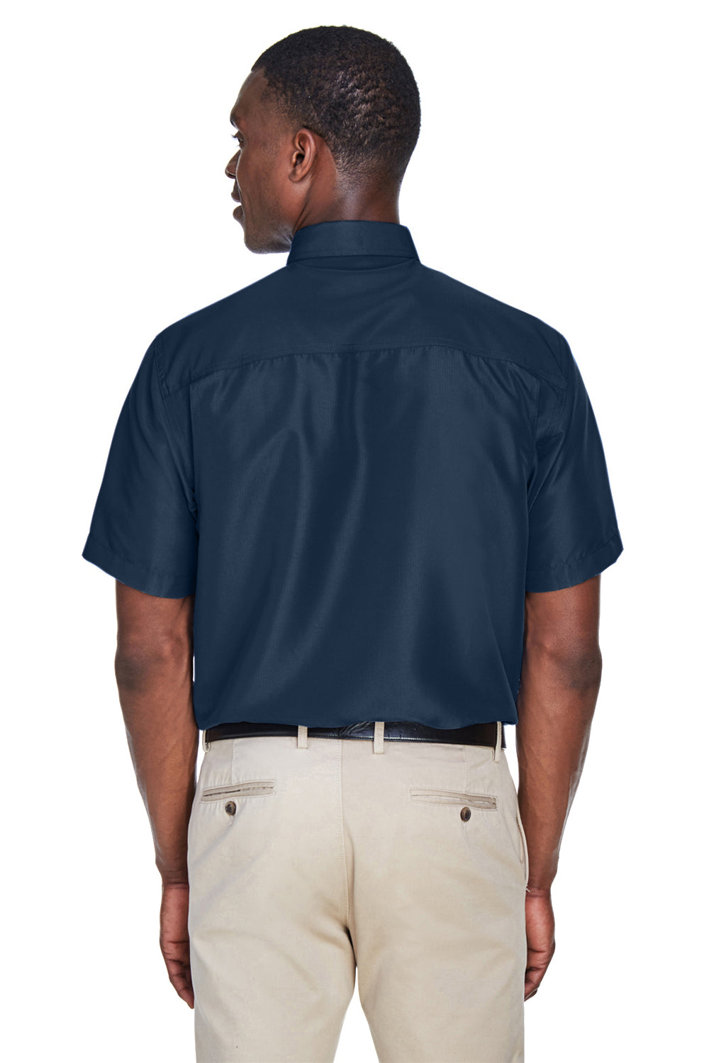 Harriton M580 Mens Key West Performance Moisture Wicking Short Sleeve Button Down Shirt w/ Double Pockets Navy Blue Model Back