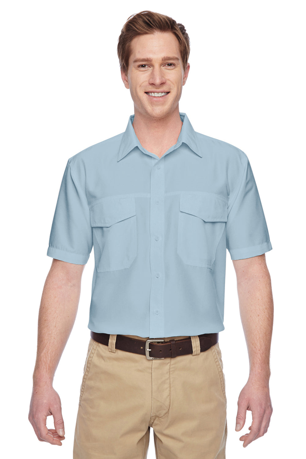 Harriton M580 Mens Key West Performance Moisture Wicking Short Sleeve Button Down Shirt w/ Double Pockets Cloud Blue Model Front