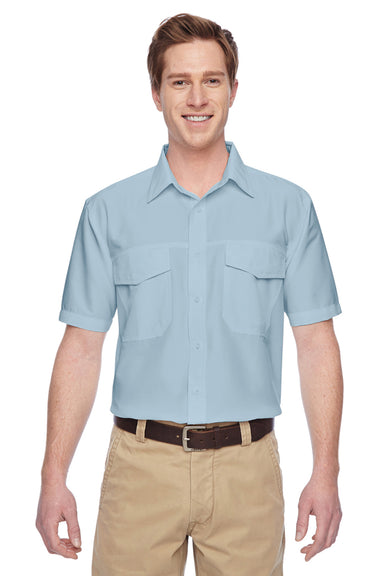 Harriton M580 Mens Key West Performance Moisture Wicking Short Sleeve Button Down Shirt w/ Double Pockets Cloud Blue Model Front