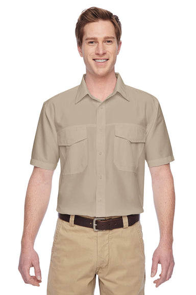 Harriton M580 Mens Key West Performance Moisture Wicking Short Sleeve Button Down Shirt w/ Double Pockets Khaki Model Front