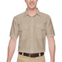 Harriton Mens Key West Performance Moisture Wicking Short Sleeve Button Down Shirt w/ Double Pockets - Khaki