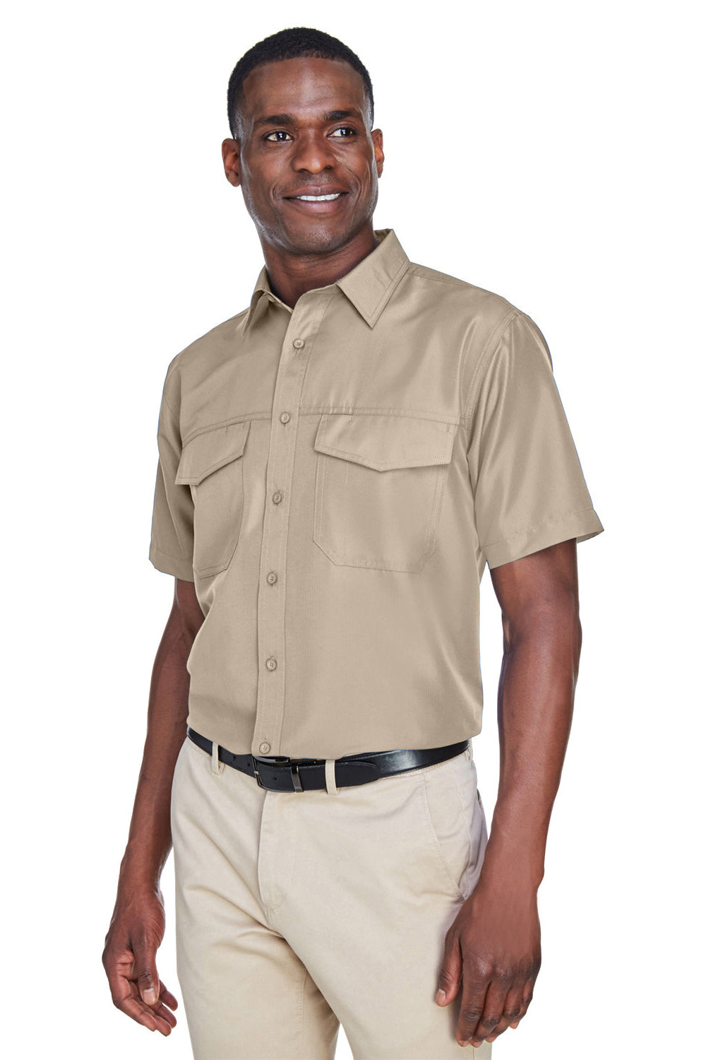 Harriton M580 Mens Key West Performance Moisture Wicking Short Sleeve Button Down Shirt w/ Double Pockets Khaki Model 3q