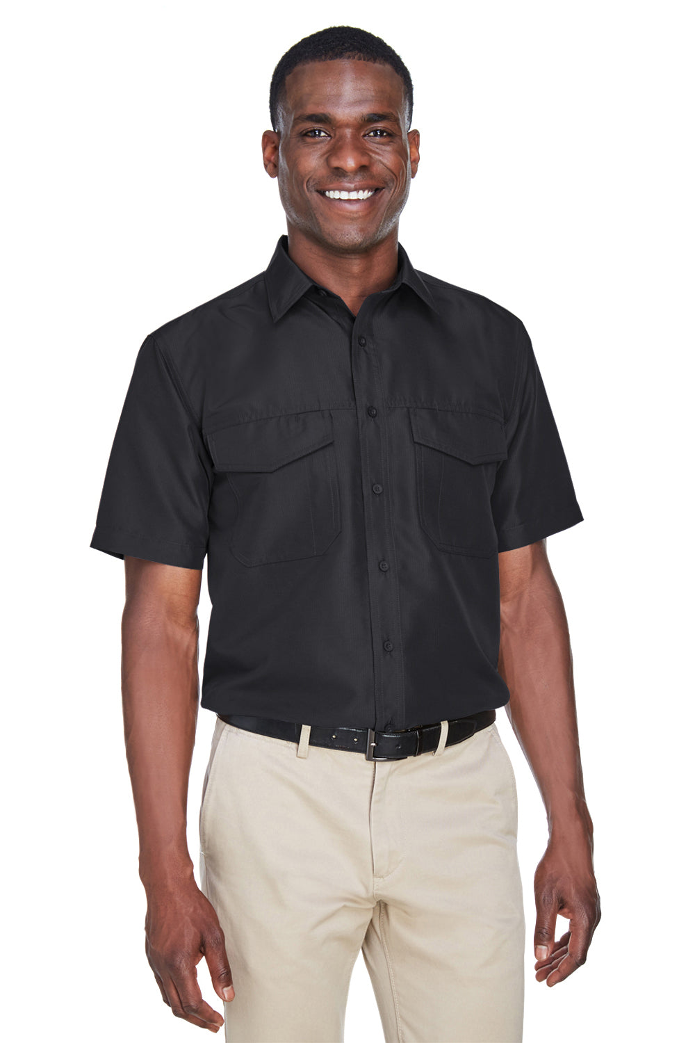 Harriton M580 Mens Key West Performance Moisture Wicking Short Sleeve Button Down Shirt w/ Double Pockets Black Model Front