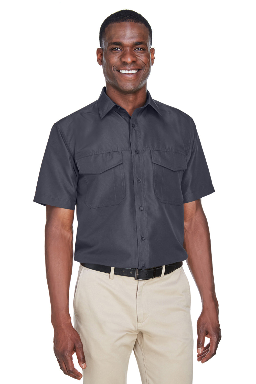 Harriton M580 Mens Key West Performance Moisture Wicking Short Sleeve Button Down Shirt w/ Double Pockets Dark Charcoal Grey Model Front