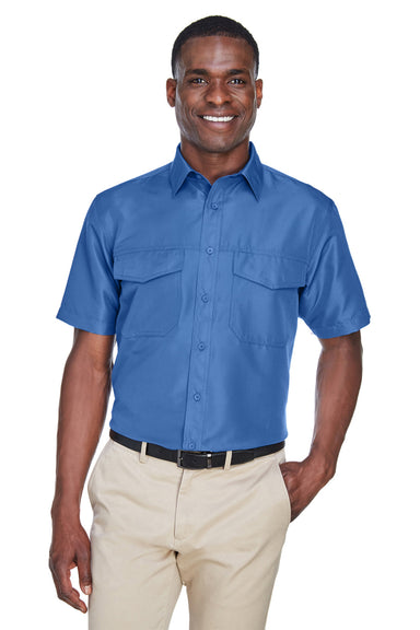 Harriton M580 Mens Key West Performance Moisture Wicking Short Sleeve Button Down Shirt w/ Double Pockets Pool Blue Model Front