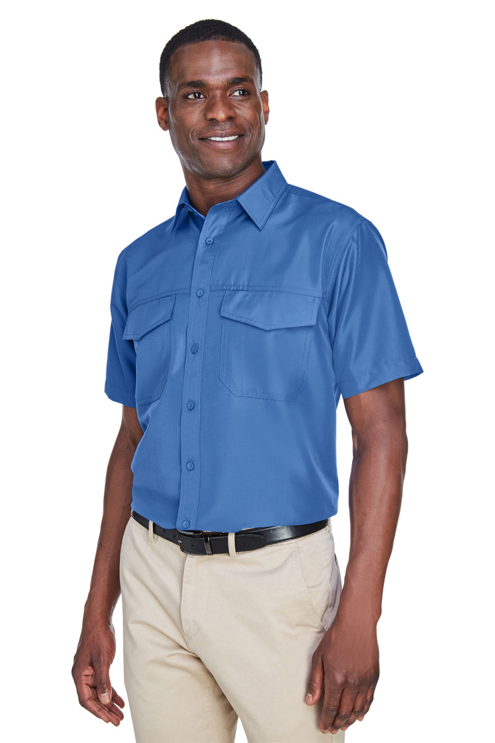 Harriton M580 Mens Key West Performance Moisture Wicking Short Sleeve Button Down Shirt w/ Double Pockets Pool Blue Model 3q