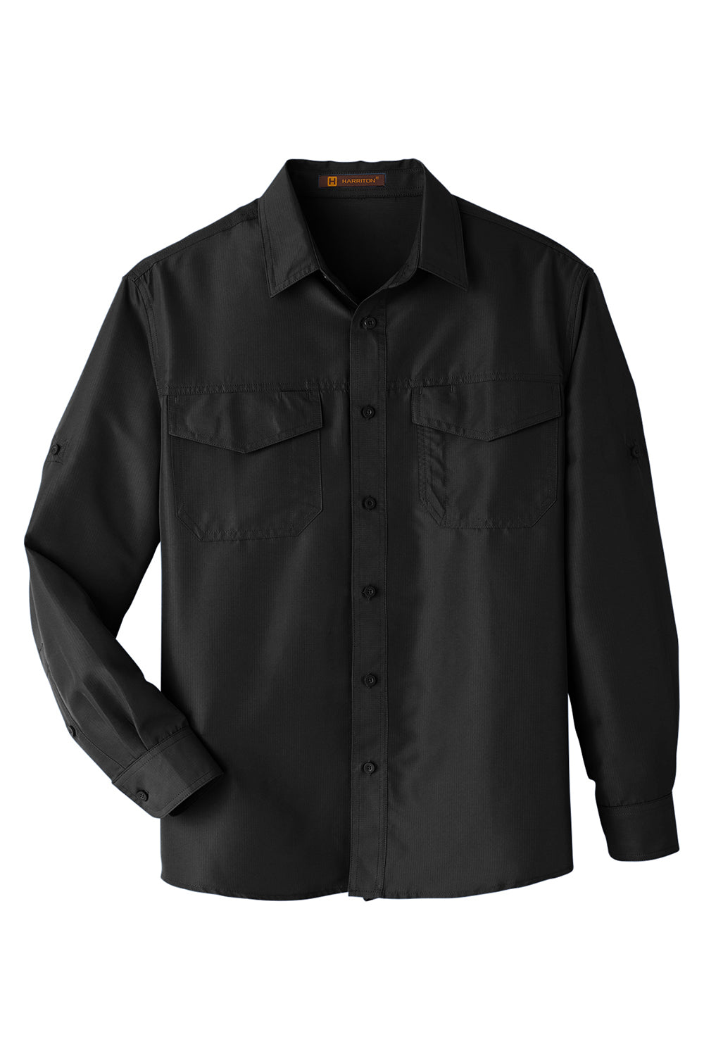 Harriton M580L Mens Key West Performance Moisture Wicking Long Sleeve Button Down Shirt w/ Double Pockets Black Flat Front