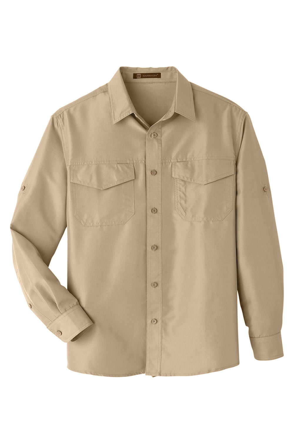 Harriton M580L Mens Key West Performance Moisture Wicking Long Sleeve Button Down Shirt w/ Double Pockets Khaki Flat Front