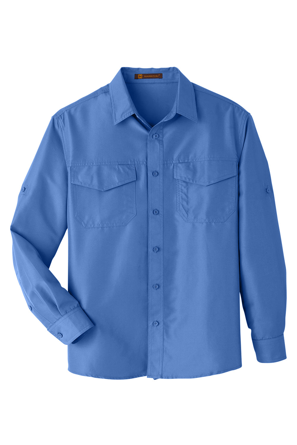 Harriton M580L Mens Key West Performance Moisture Wicking Long Sleeve Button Down Shirt w/ Double Pockets Pool Blue Flat Front