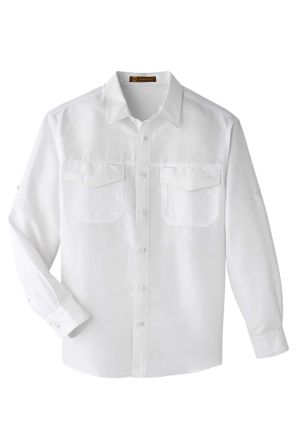 Harriton M580L Mens Key West Performance Moisture Wicking Long Sleeve Button Down Shirt w/ Double Pockets White Flat Front