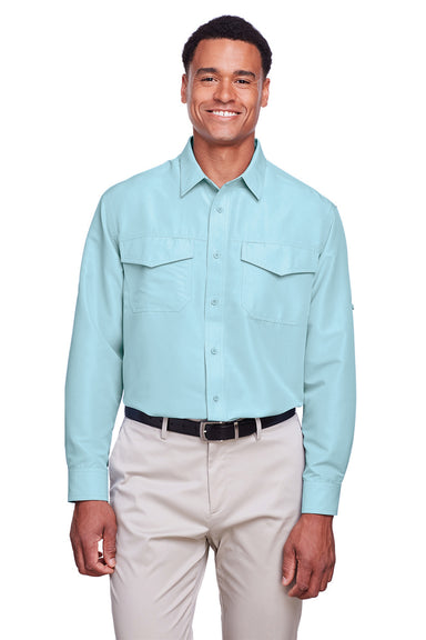 Harriton M580L Mens Key West Performance Moisture Wicking Long Sleeve Button Down Shirt w/ Double Pockets Cloud Blue Model Front