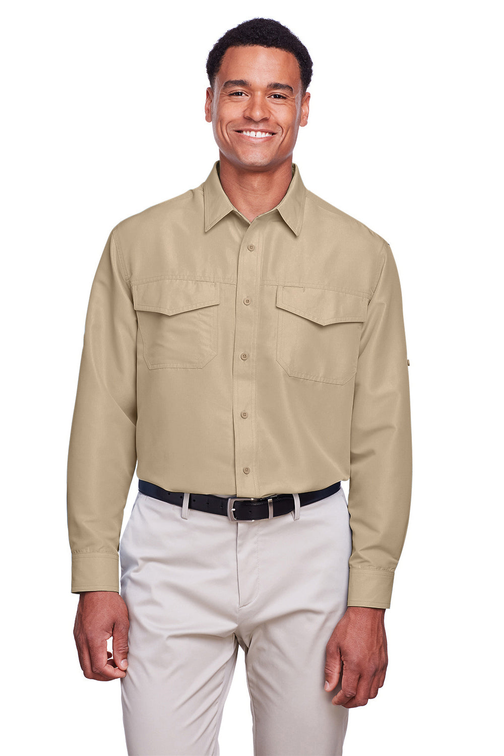 Harriton M580L Mens Key West Performance Moisture Wicking Long Sleeve Button Down Shirt w/ Double Pockets Khaki Model Front