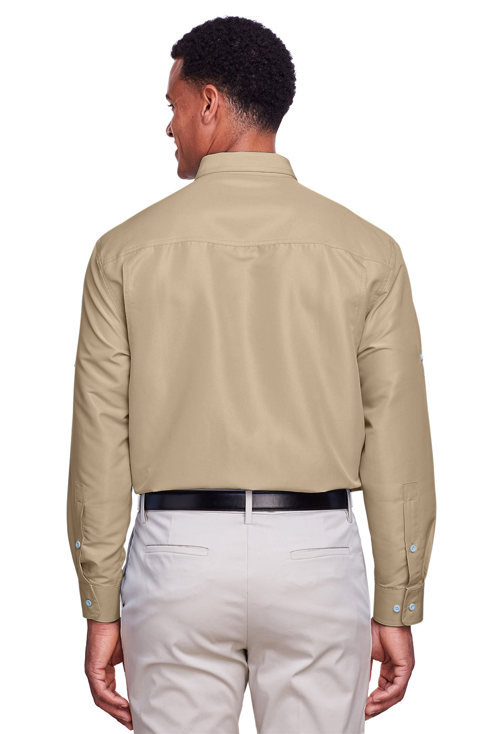 Harriton M580L Mens Key West Performance Moisture Wicking Long Sleeve Button Down Shirt w/ Double Pockets Khaki Model Back