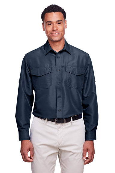 Harriton M580L Mens Key West Performance Moisture Wicking Long Sleeve Button Down Shirt w/ Double Pockets Navy Blue Model Front