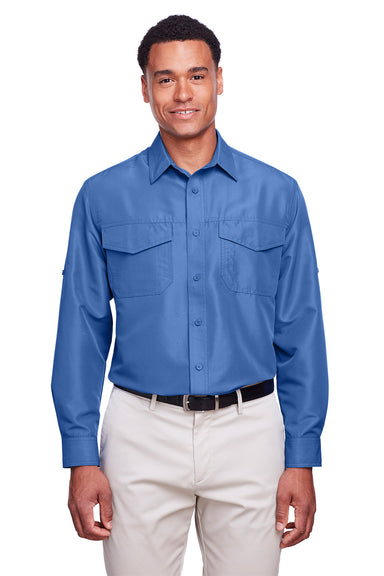 Harriton M580L Mens Key West Performance Moisture Wicking Long Sleeve Button Down Shirt w/ Double Pockets Pool Blue Model Front