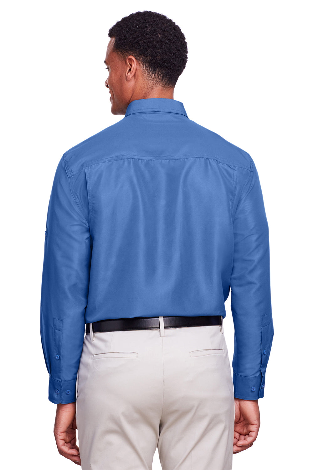 Harriton M580L Mens Key West Performance Moisture Wicking Long Sleeve Button Down Shirt w/ Double Pockets Pool Blue Model Back