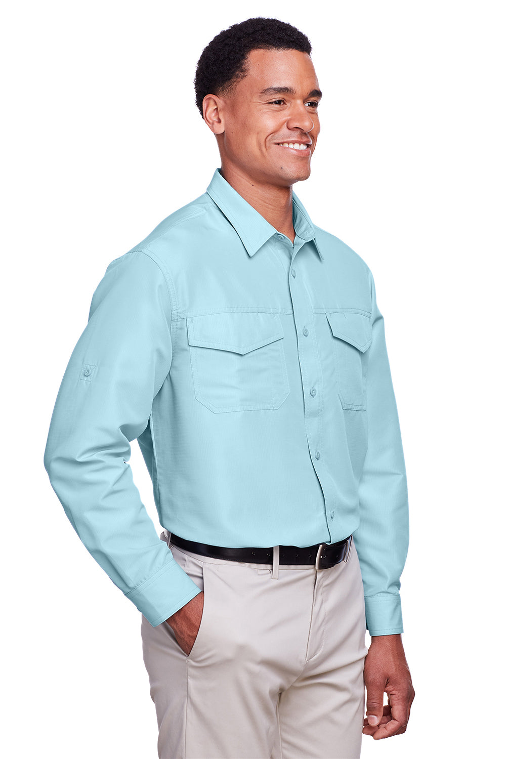 Harriton M580L Mens Key West Performance Moisture Wicking Long Sleeve Button Down Shirt w/ Double Pockets Cloud Blue Model 3q