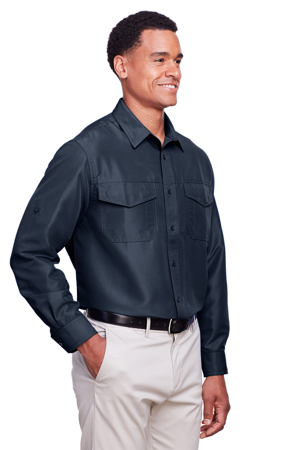 Harriton M580L Mens Key West Performance Moisture Wicking Long Sleeve Button Down Shirt w/ Double Pockets Navy Blue Model 3q