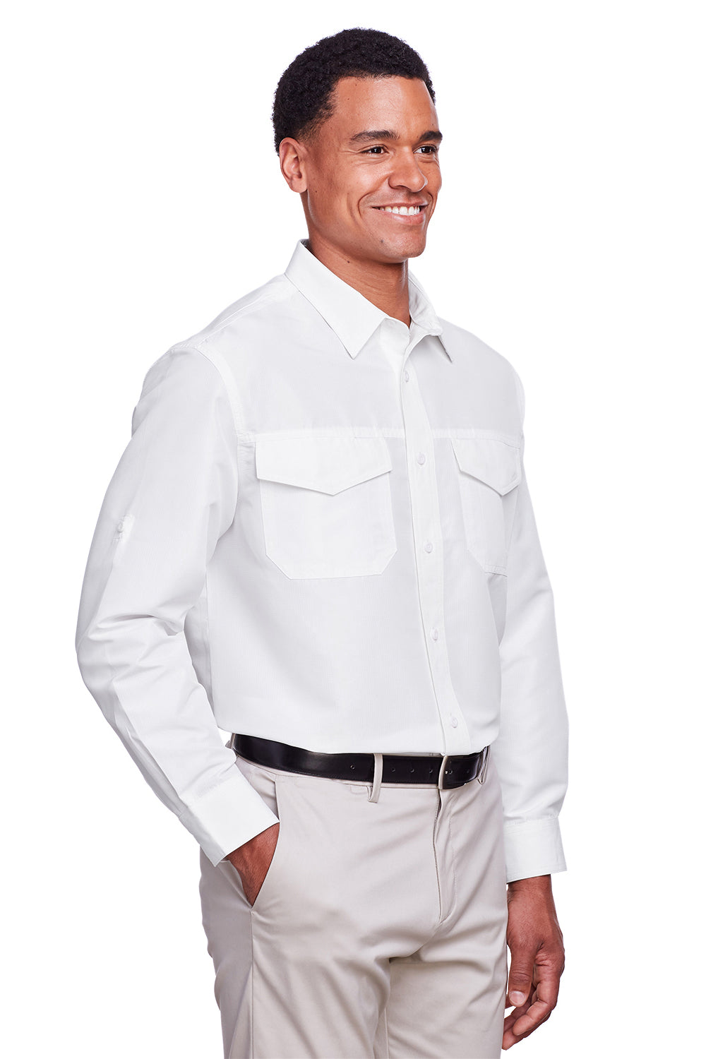 Harriton M580L Mens Key West Performance Moisture Wicking Long Sleeve Button Down Shirt w/ Double Pockets White Model 3q