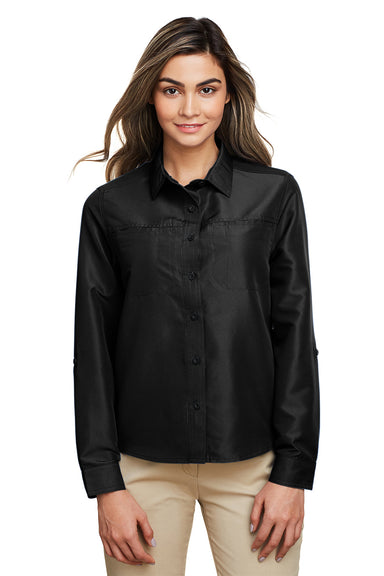 Harriton M580LW Womens Key West Performance Moisture Wicking Long Sleeve Button Down Shirt w/ Pocket Black Model Front