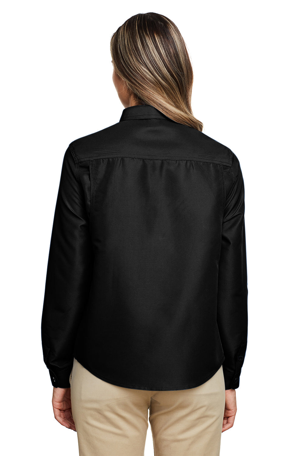 Harriton M580LW Womens Key West Performance Moisture Wicking Long Sleeve Button Down Shirt w/ Pocket Black Model Back