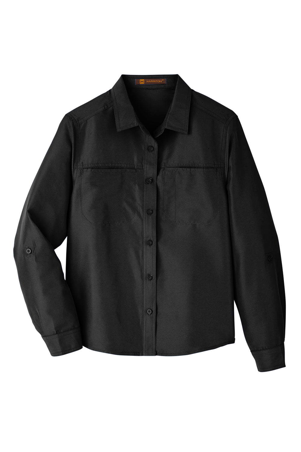 Harriton M580LW Womens Key West Performance Moisture Wicking Long Sleeve Button Down Shirt w/ Pocket Black Flat Front