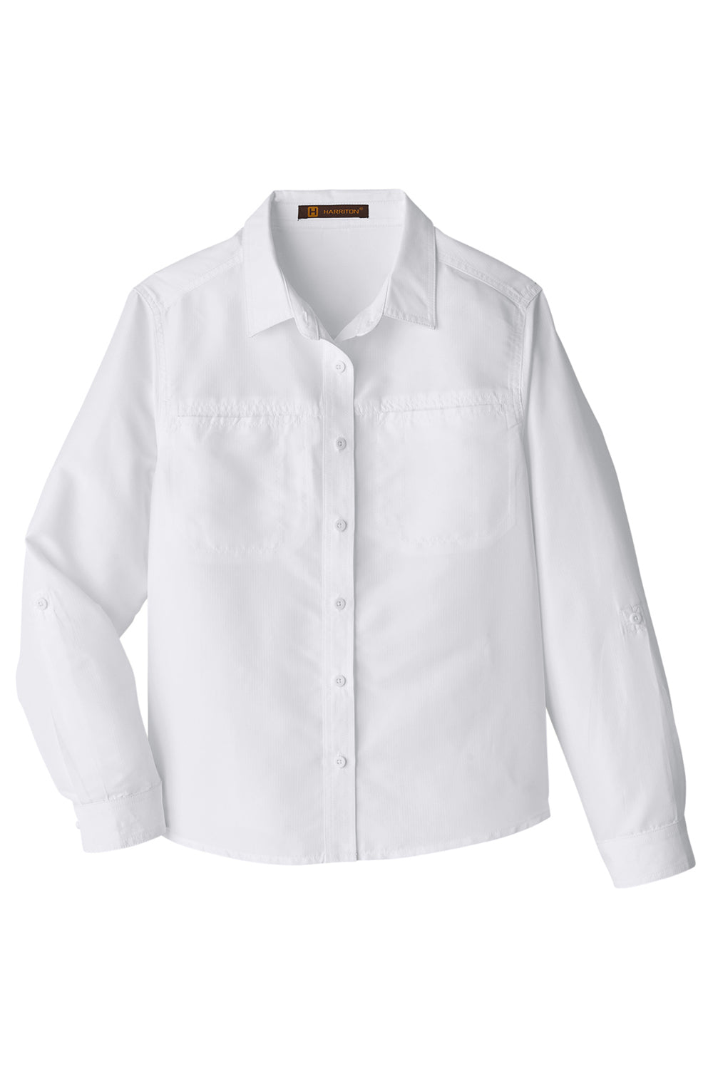 Harriton M580LW Womens Key West Performance Moisture Wicking Long Sleeve Button Down Shirt w/ Pocket White Flat Front