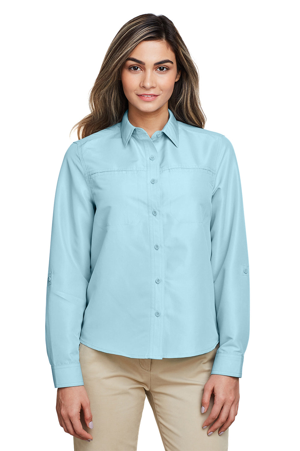 Harriton M580LW Womens Key West Performance Moisture Wicking Long Sleeve Button Down Shirt w/ Pocket Cloud Blue Model Front