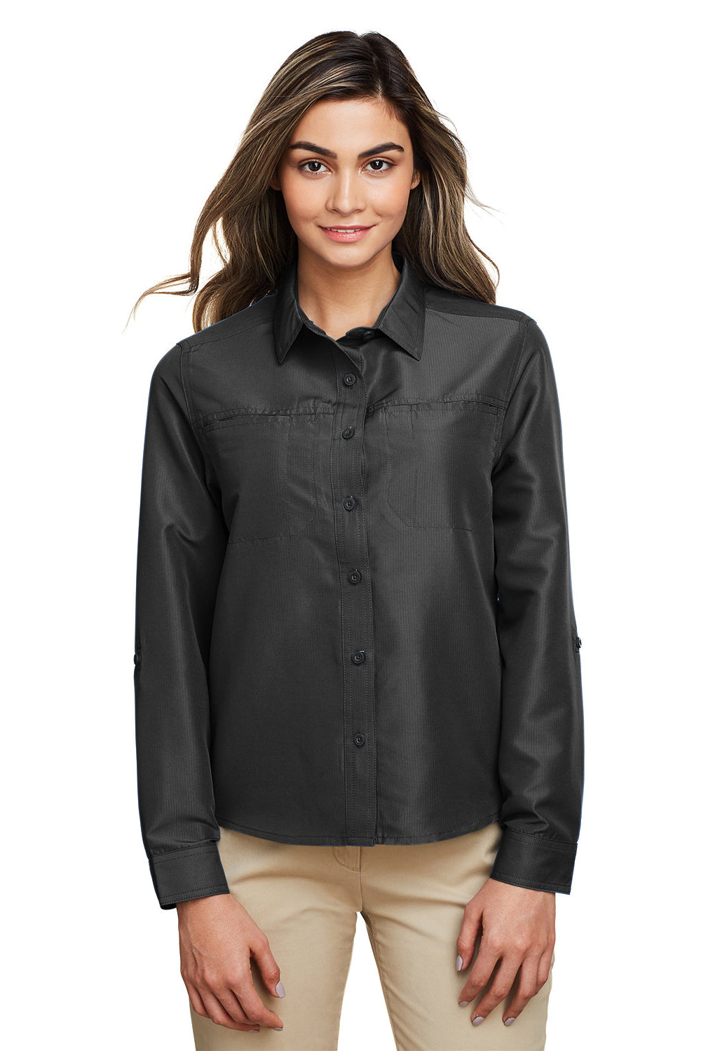 Harriton M580LW Womens Key West Performance Moisture Wicking Long Sleeve Button Down Shirt w/ Pocket Dark Charcoal Grey Model Front