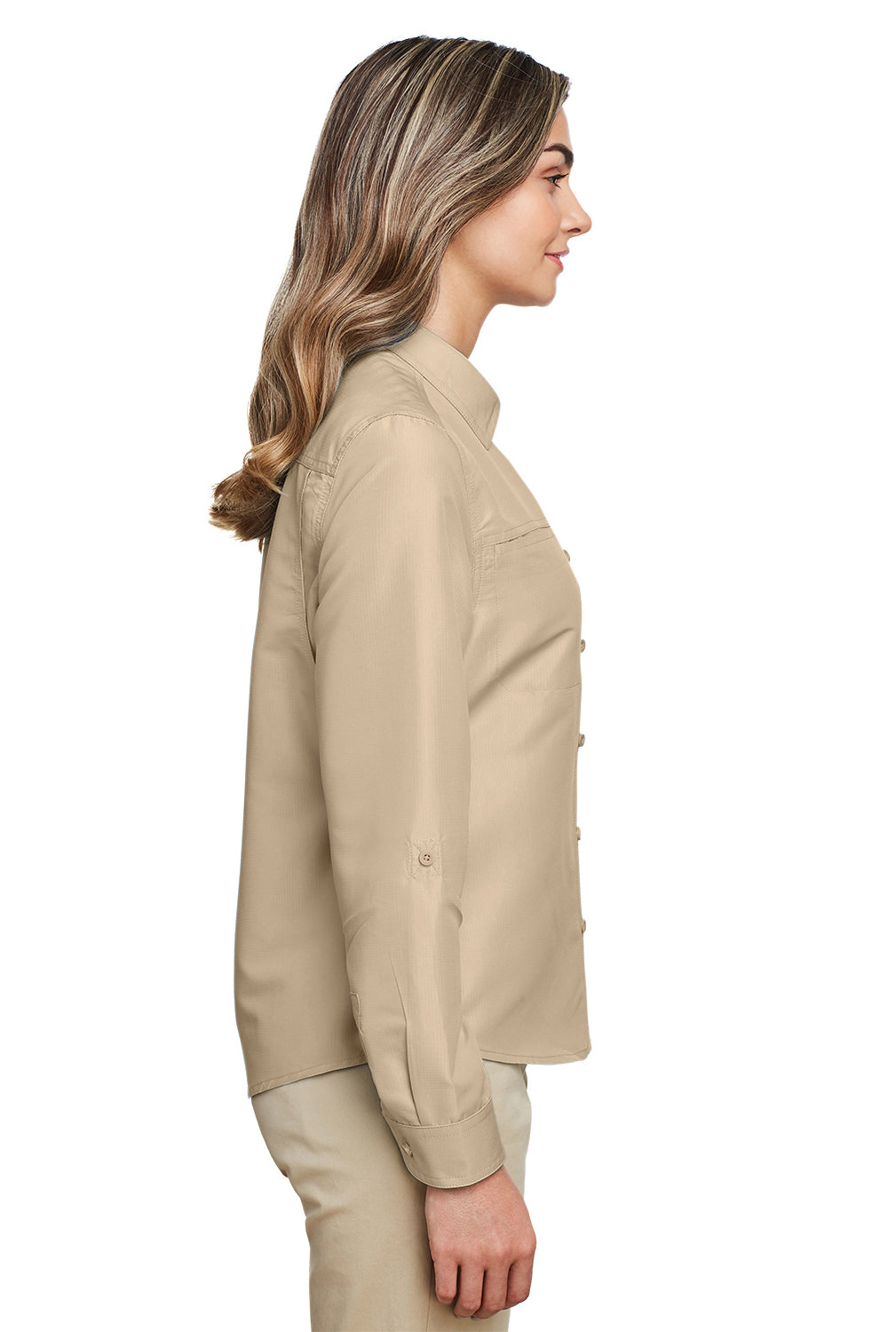 Harriton M580LW Womens Key West Performance Moisture Wicking Long Sleeve Button Down Shirt w/ Pocket Khaki Model Side