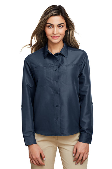 Harriton M580LW Womens Key West Performance Moisture Wicking Long Sleeve Button Down Shirt w/ Pocket Navy Blue Model Front