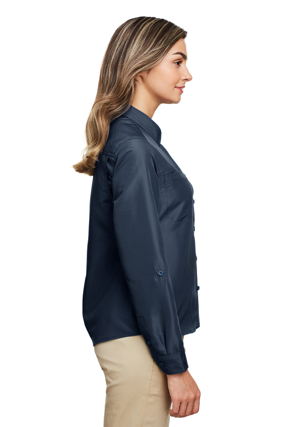 Harriton M580LW Womens Key West Performance Moisture Wicking Long Sleeve Button Down Shirt w/ Pocket Navy Blue Model Side