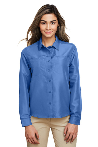 Harriton M580LW Womens Key West Performance Moisture Wicking Long Sleeve Button Down Shirt w/ Pocket Pool Blue Model Front