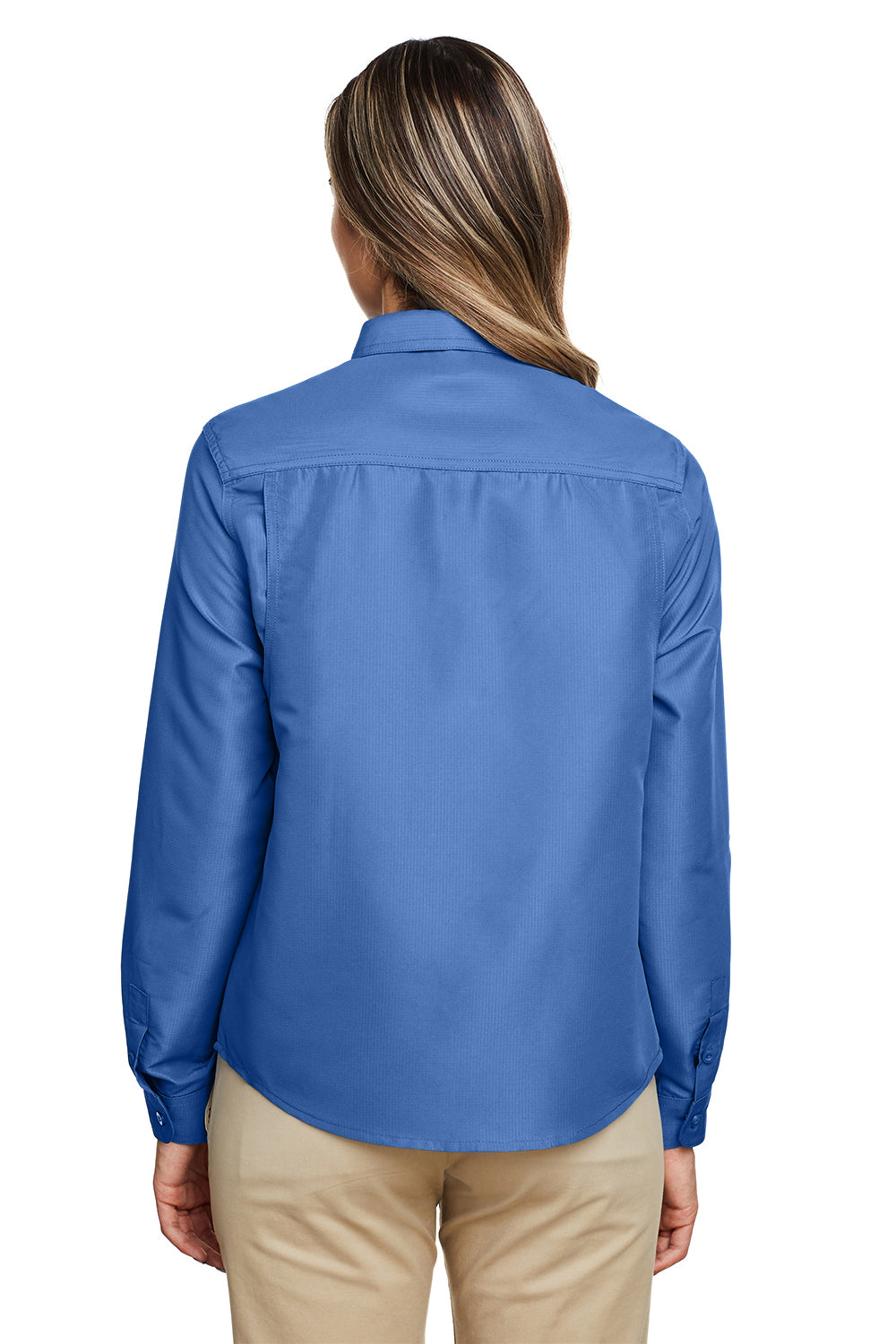 Harriton M580LW Womens Key West Performance Moisture Wicking Long Sleeve Button Down Shirt w/ Pocket Pool Blue Model Back