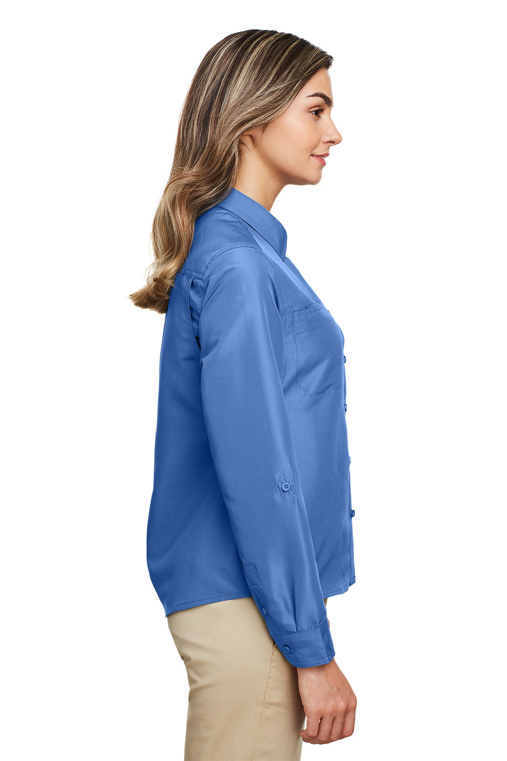 Harriton M580LW Womens Key West Performance Moisture Wicking Long Sleeve Button Down Shirt w/ Pocket Pool Blue Model Side