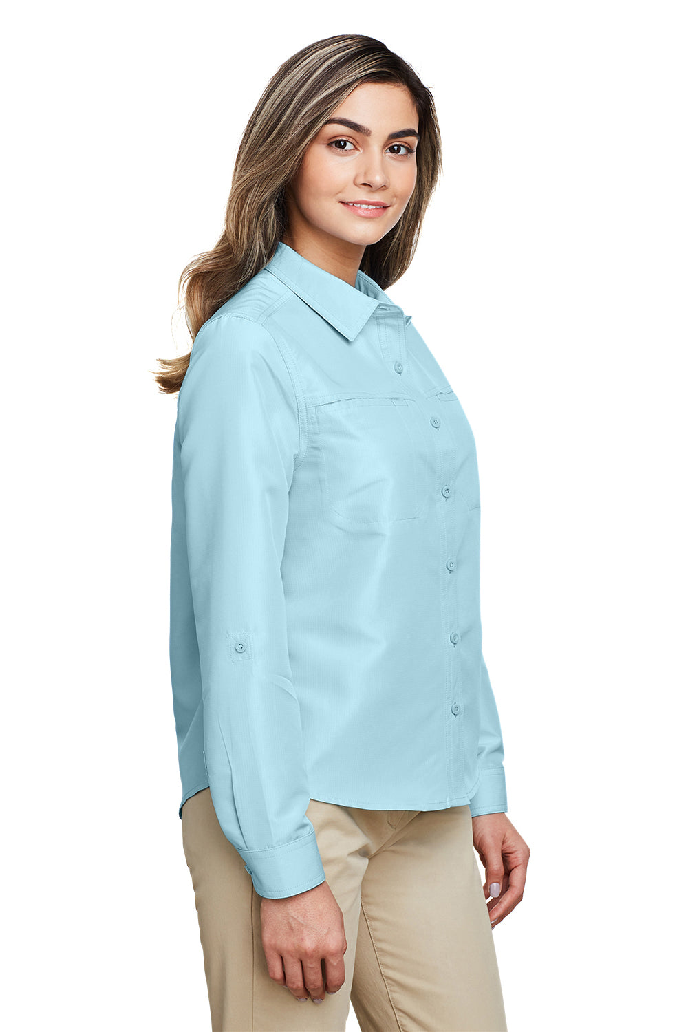 Harriton M580LW Womens Key West Performance Moisture Wicking Long Sleeve Button Down Shirt w/ Pocket Cloud Blue Model 3q