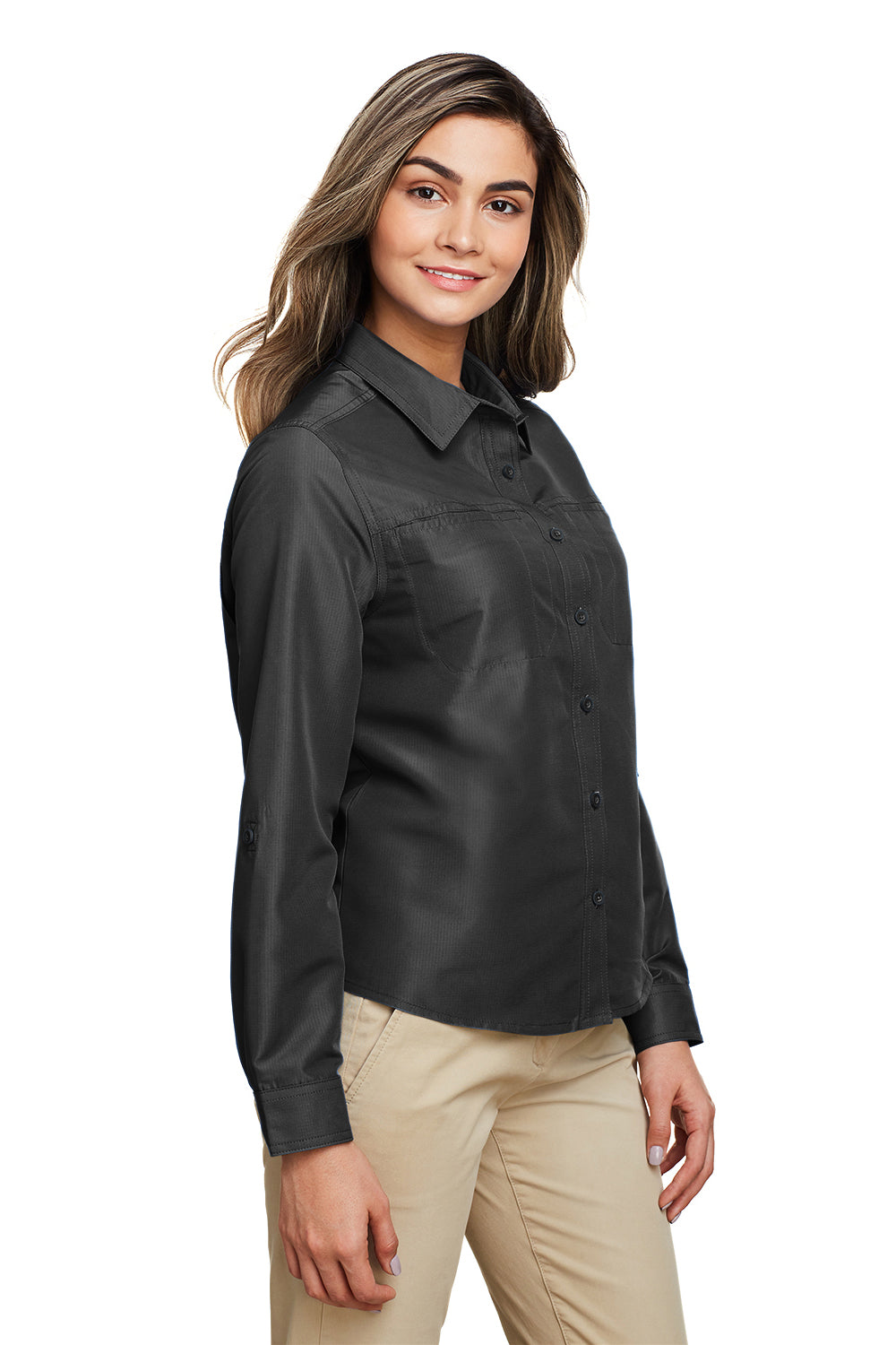 Harriton M580LW Womens Key West Performance Moisture Wicking Long Sleeve Button Down Shirt w/ Pocket Dark Charcoal Grey Model 3q