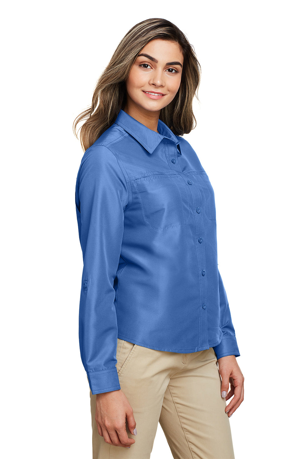 Harriton M580LW Womens Key West Performance Moisture Wicking Long Sleeve Button Down Shirt w/ Pocket Pool Blue Model 3q