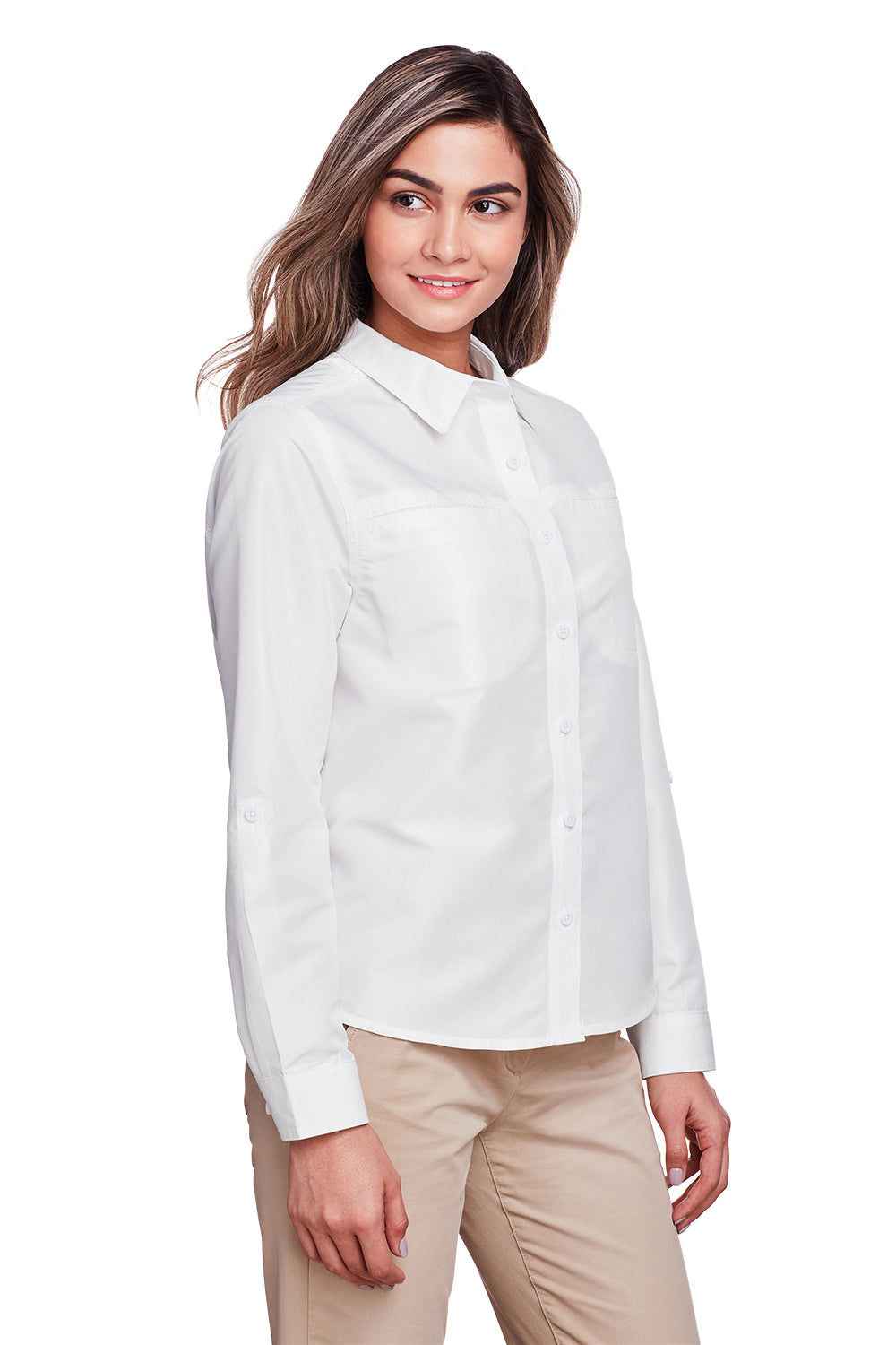 Harriton M580LW Womens Key West Performance Moisture Wicking Long Sleeve Button Down Shirt w/ Pocket White Model 3q