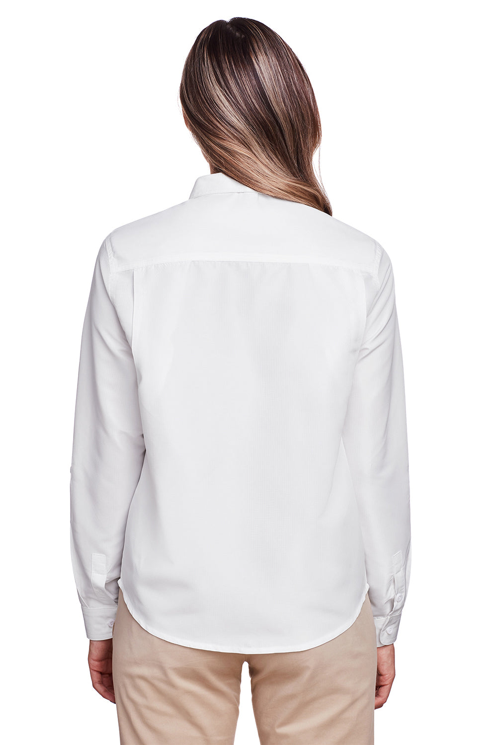 Harriton M580LW Womens Key West Performance Moisture Wicking Long Sleeve Button Down Shirt w/ Pocket White Model Back