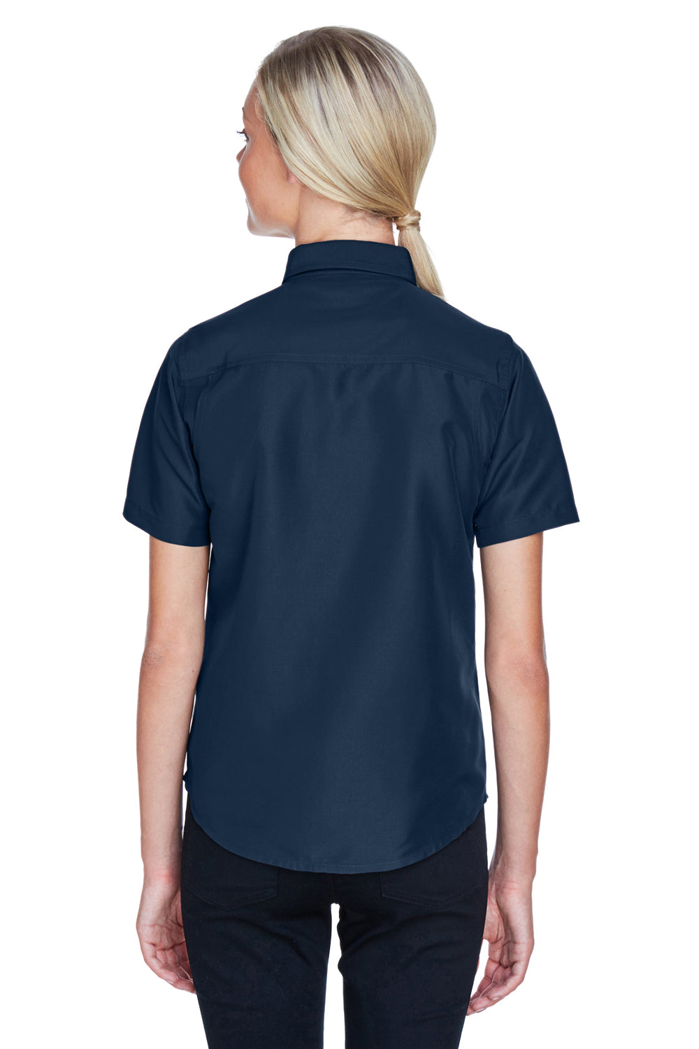 Harriton M580W Womens Key West Performance Short Sleeve Button Down Shirt w/ Double Pockets Navy Blue Model Back